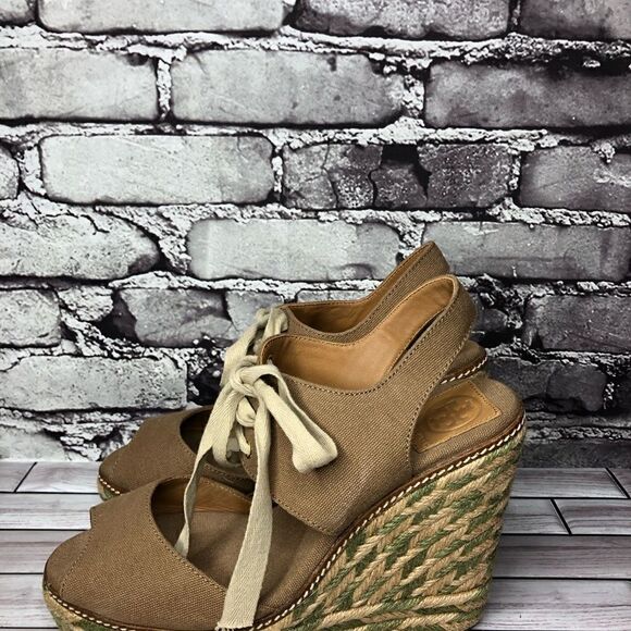 Tory Burch Brown Canvas Textile Green Tan Espadrilles Wedge Women Sz 10M US/41EU - Picture 9 of 16